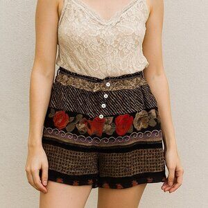 Vintage Blue Floral Boho Festival Shorts | Size S | Elastic Waist Button-Front